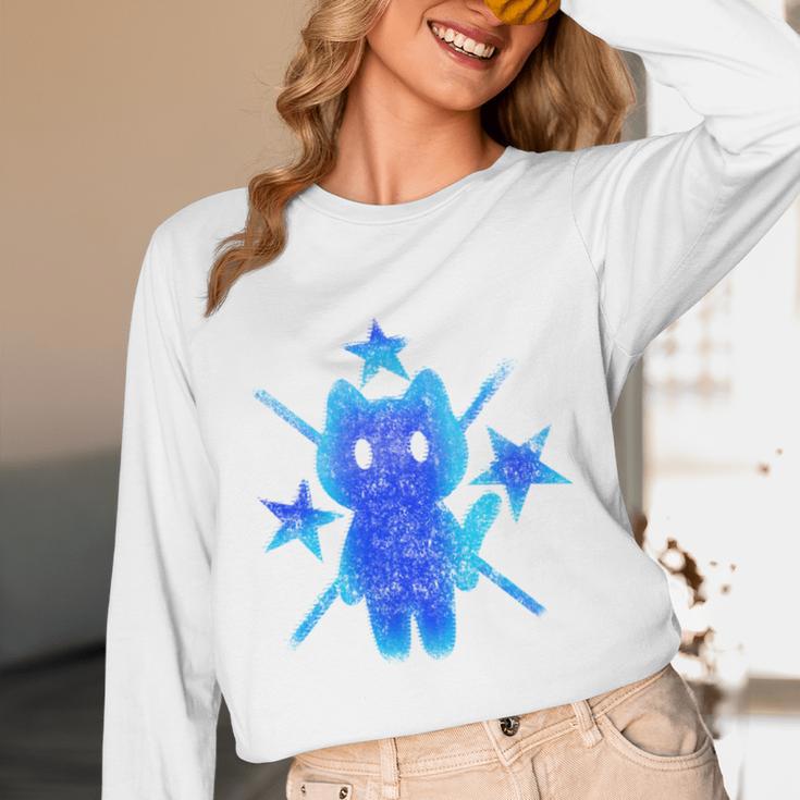 Yk2 Grunge Earthy Blue Cat With Stars Tomboy 90s Nostalgia Unisex Long Sleeve T-Shirt