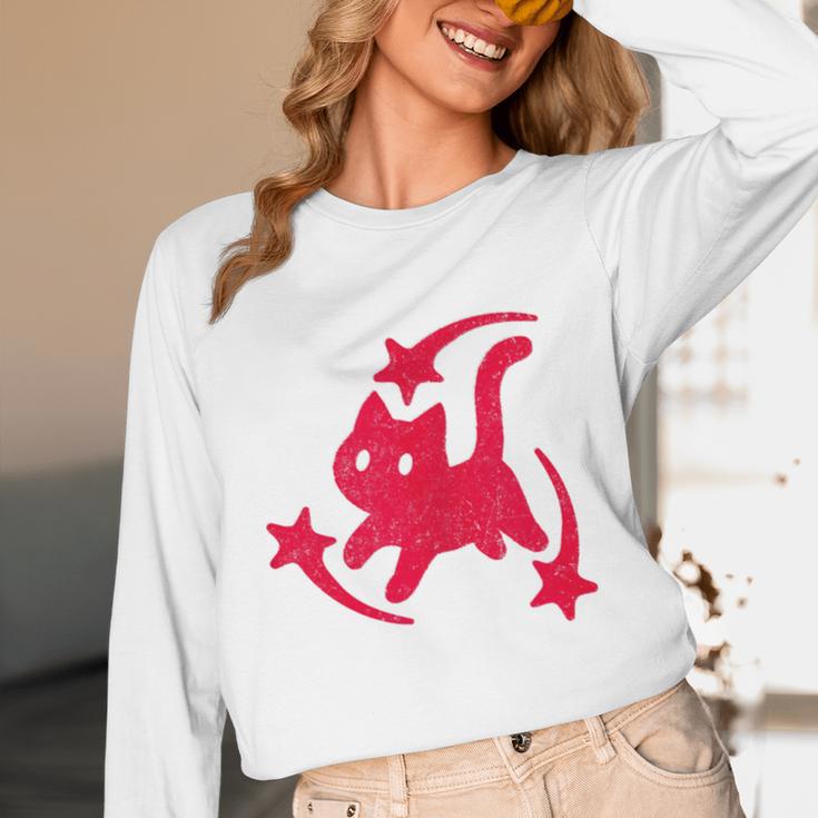 Yk2 Grunge Scary Cat With Shooting Stars 90s Nostalgia Unisex Long Sleeve T-Shirt