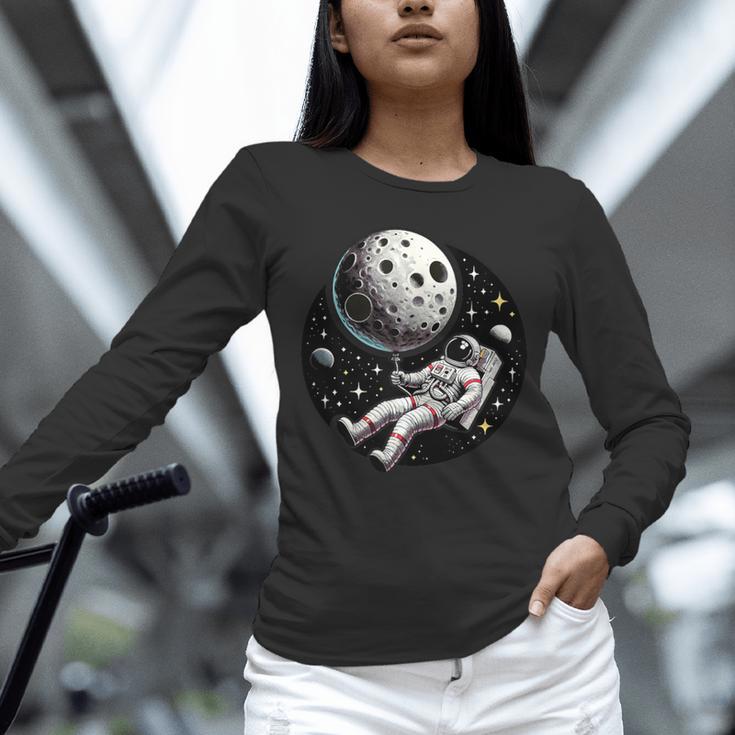 Astronaut Aesthetic Holding Moon Balloon Planets Introvert Unisex Long Sleeve T-Shirt