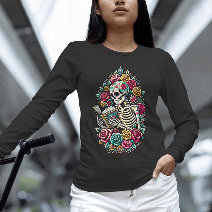 Book Lover Skeleton Reading With Dia De Los Muertos Flowers Unisex Long Sleeve T-Shirt