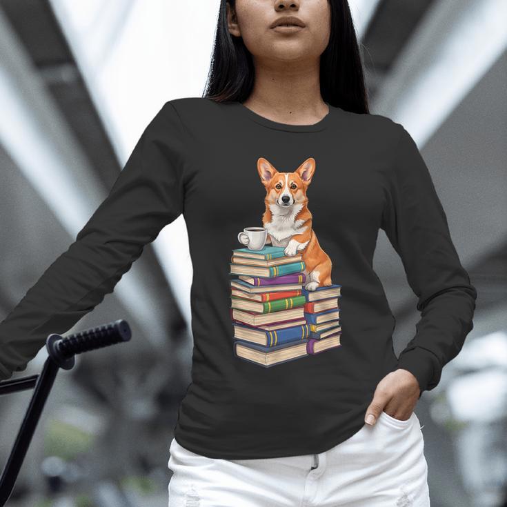Bookworm Corgi Reading Books Drinking Coffee Dog Lover Unisex Long Sleeve T-Shirt