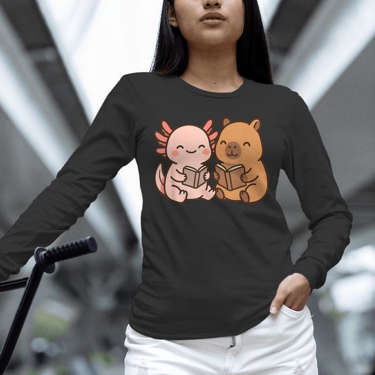 Capybara Axolotl Kawaii Kids Anime Book Lover Reading Unisex Long Sleeve T-Shirt