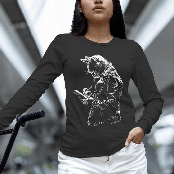 Cat Holds Book Writing Animal Print Motif Drawing Art Cat Unisex Long Sleeve T-Shirt Cat Holds Book Writing Animal Print Motif Drawing Art Cat Unisex Long Sleeve T-Shirt