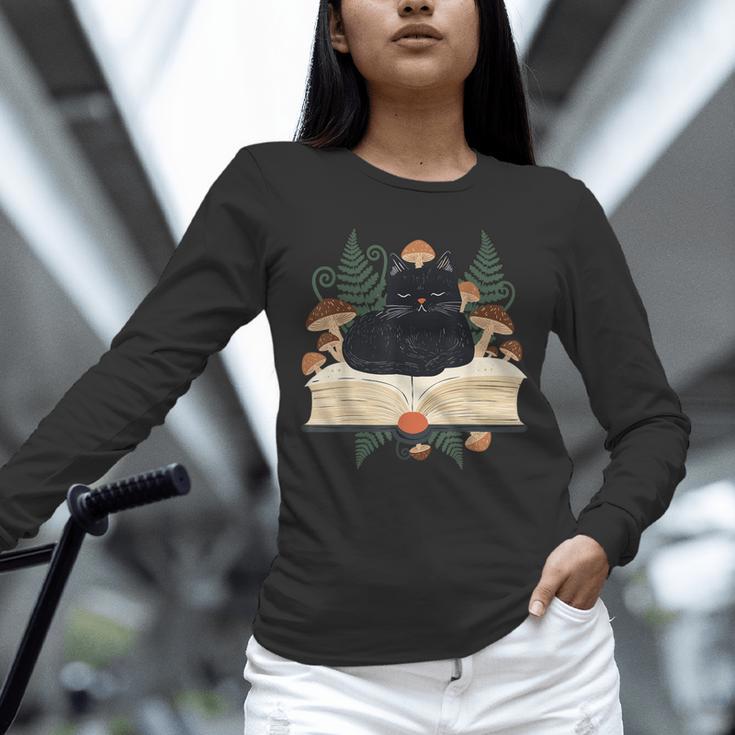 Cat On Open Book Mushrooms Ferns Dark Academia Unisex Long Sleeve T-Shirt