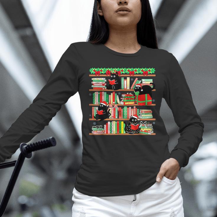 Christmas Cat Santa Bookshelves Book Lover Reader Unisex Long Sleeve T-Shirt