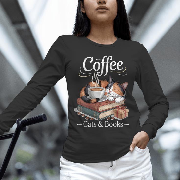 Coffee Cats And Books Cozy Calico Reader Love Cute Cat Unisex Long Sleeve T-Shirt