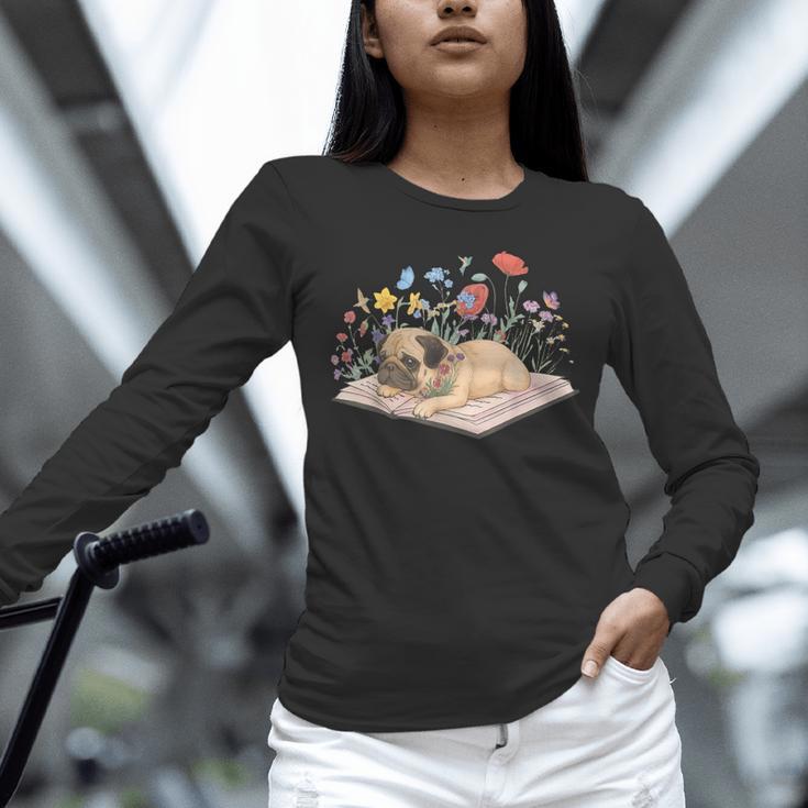 Color Floral Cute Pug Dog On Book Reading Bookworm Reader Unisex Long Sleeve T-Shirt
