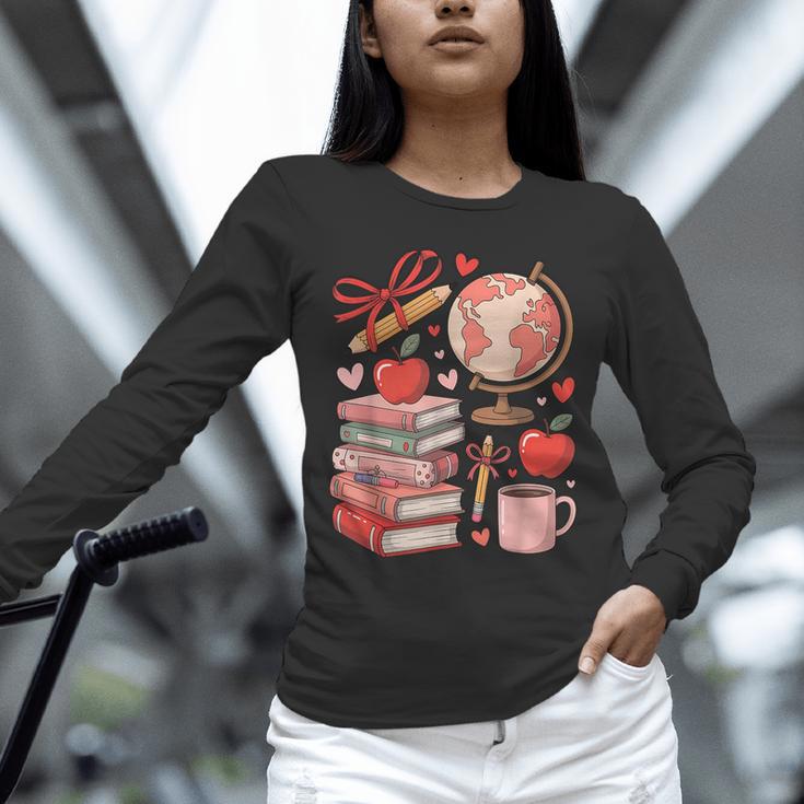 Coquette Teacher School Supplies Bows Books Globe Apple Cute Unisex Long Sleeve T-Shirt