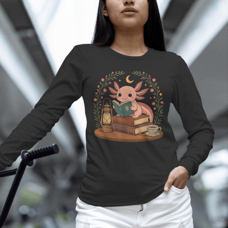 Cute Axolotl Reading Books Cozy Bookworm Unisex Long Sleeve T-Shirt