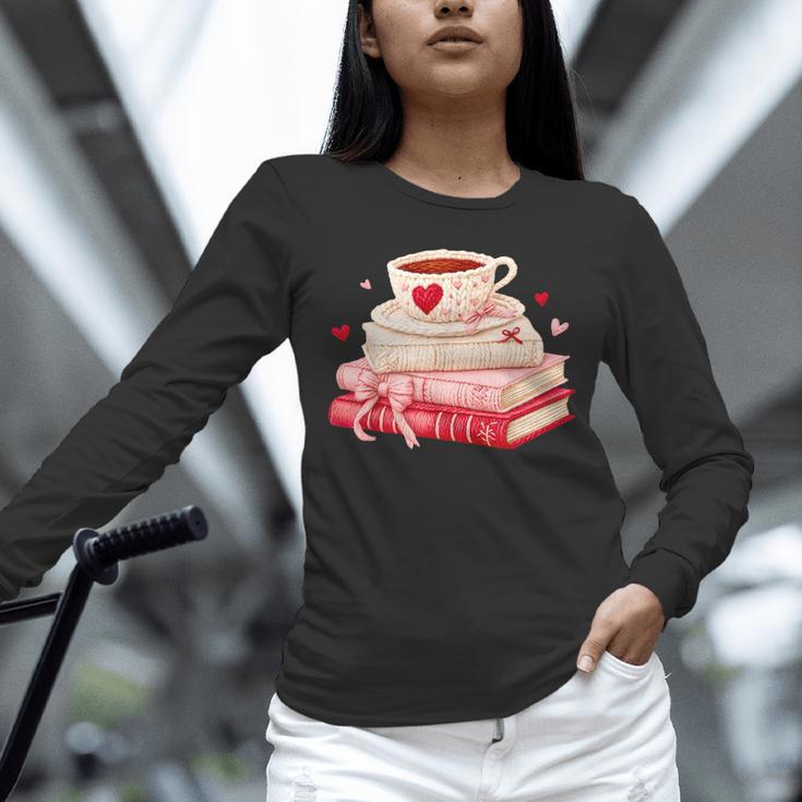 Cute Books And Coffee Crochet Valentines Day Tee For Couples Unisex Long Sleeve T-Shirt