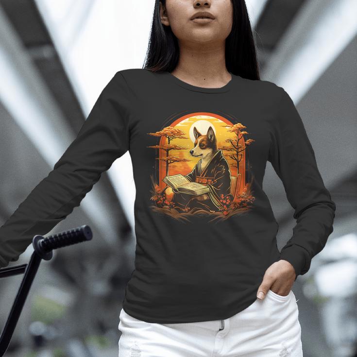 Cute Corgi Dog In Japanese Kimono With Book Men Women Girls Kids Unisex Long Sleeve T-Shirt