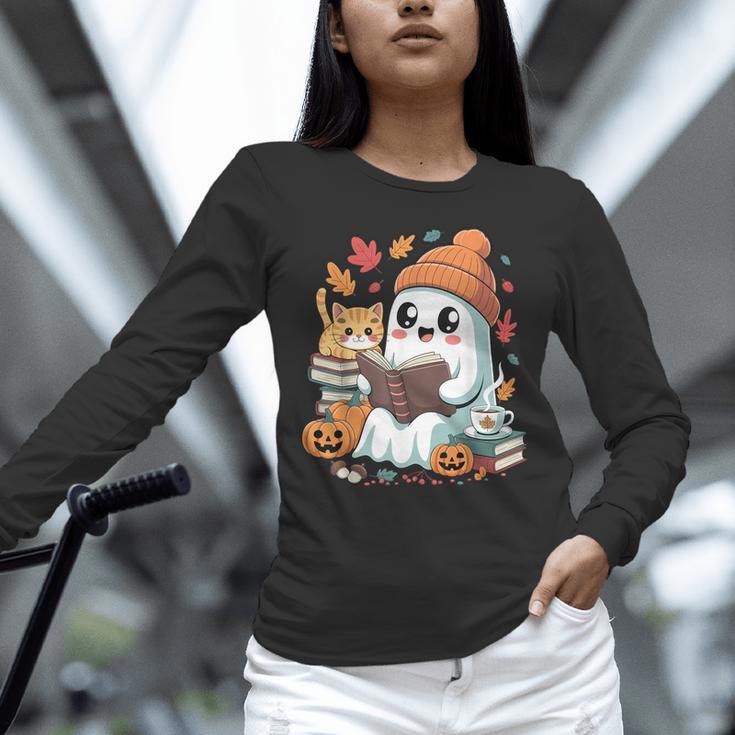 Cute Cozy Ghost Reading With Cat Book Lover Autumn Fall Unisex Long Sleeve T-Shirt