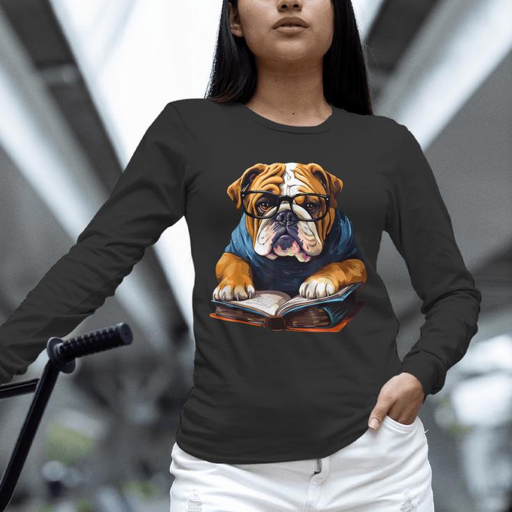 Cute Dog English Bulldog Reading Book Unisex Long Sleeve T-Shirt