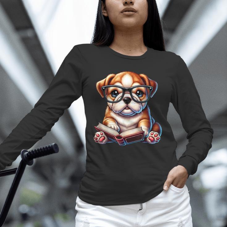 Cute Dog Puppy English Bulldog Reading Book Unisex Long Sleeve T-Shirt Cute Dog Puppy English Bulldog Reading Book Unisex Long Sleeve T-Shirt