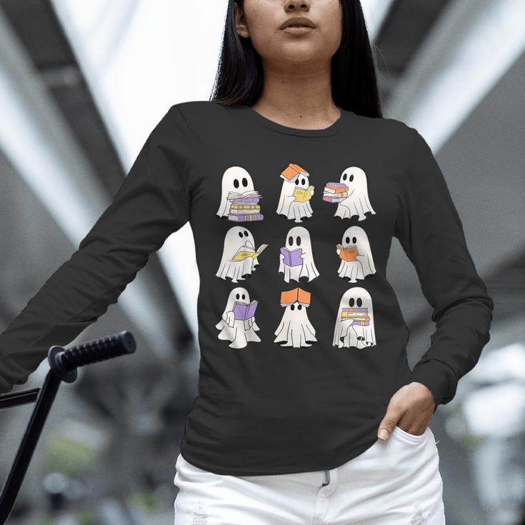 Cute Ghost Reading Books Teacher Halloween Reading Men Women Kids Unisex Long Sleeve T-Shirt
