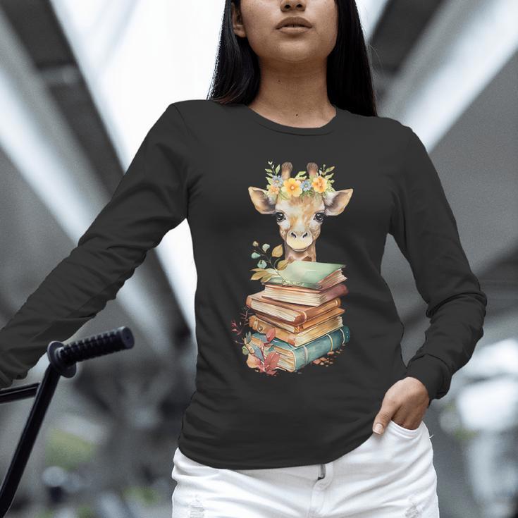 Cute Giraffe With Book Floral Bookworm Librarian Book Lover Unisex Long Sleeve T-Shirt