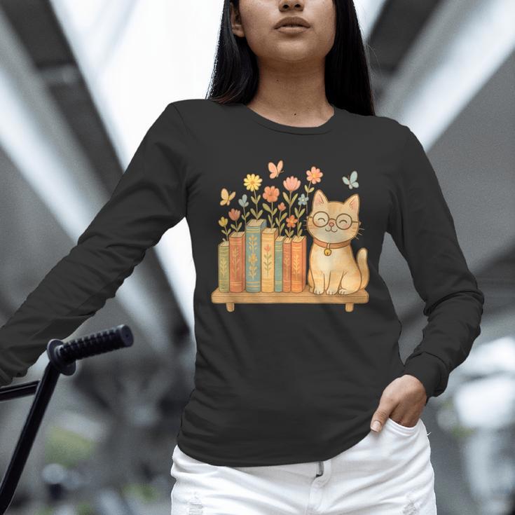 Cute Kawaii Cat Books Flowers Unisex Long Sleeve T-Shirt