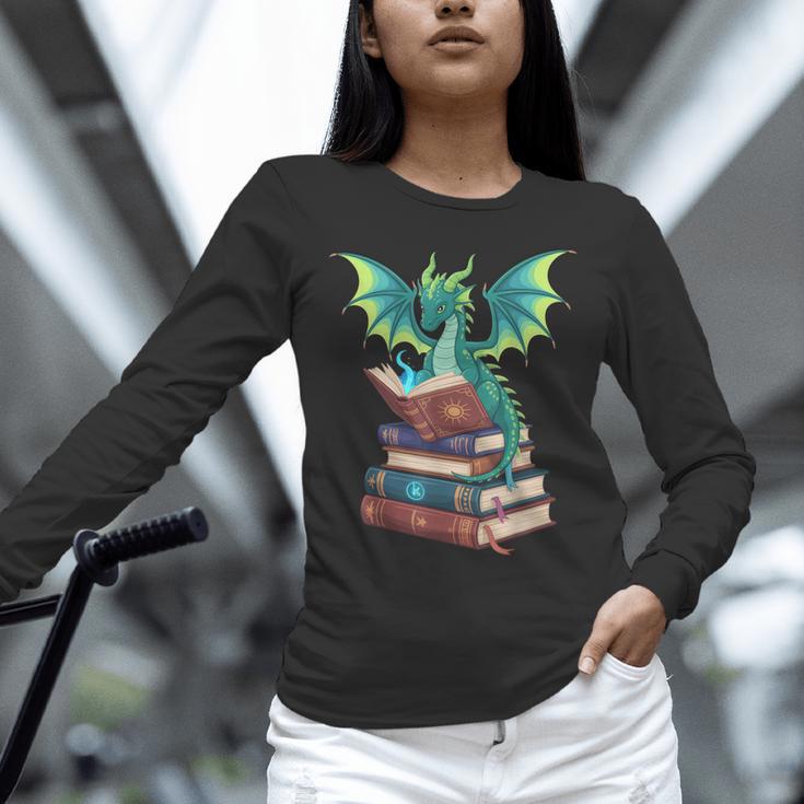 Dragon Reading Books Fantasy Lovers Mythical Creatures Unisex Long Sleeve T-Shirt