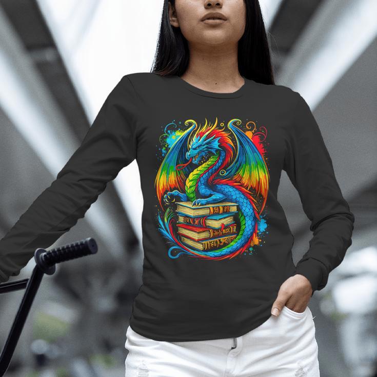 Dragon Reading Colorful Fantasy Book Lover Unisex Long Sleeve T-Shirt