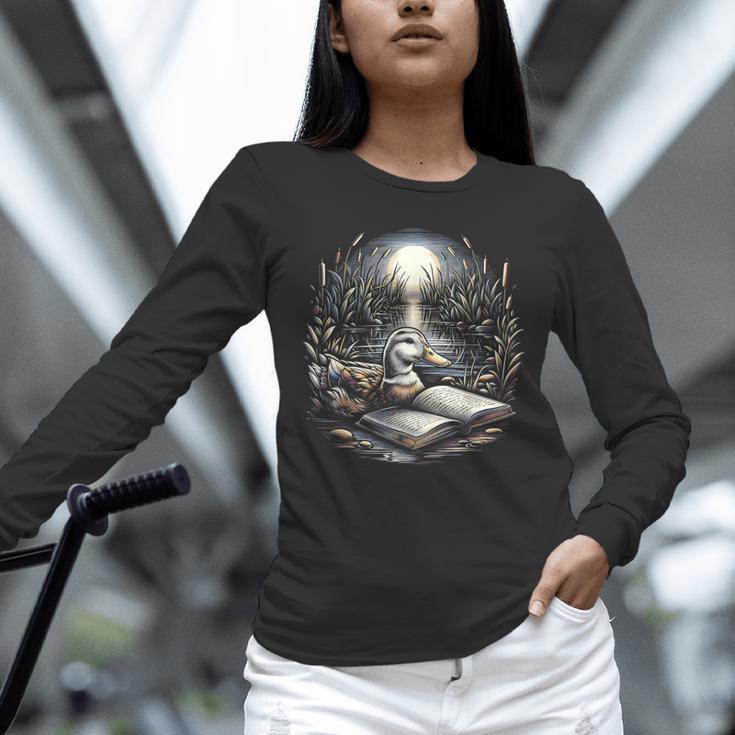 Duck Reading Book Full Moon Lake Scenery Unisex Long Sleeve T-Shirt Duck Reading Book Full Moon Lake Scenery Unisex Long Sleeve T-Shirt