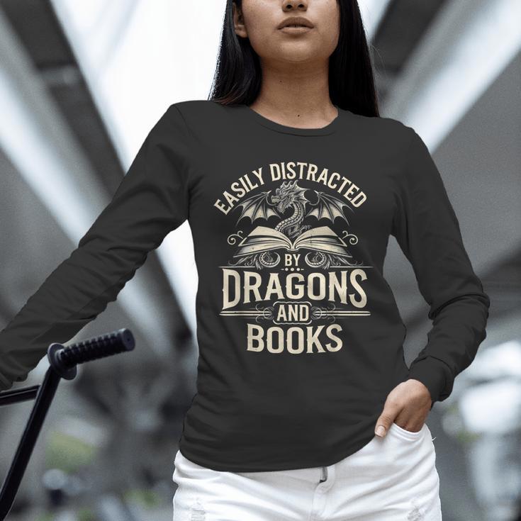 Easily Distracted By Books & Dragons Bookworm Reading Unisex Long Sleeve T-Shirt