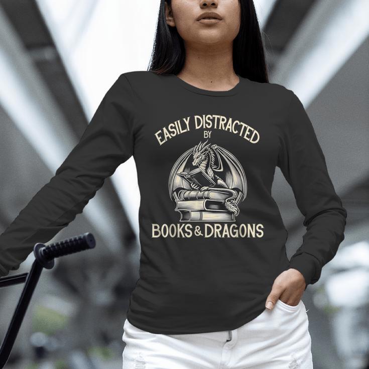 Easily Distracted By Books And Dragons Book Dragon Lover Unisex Long Sleeve T-Shirt