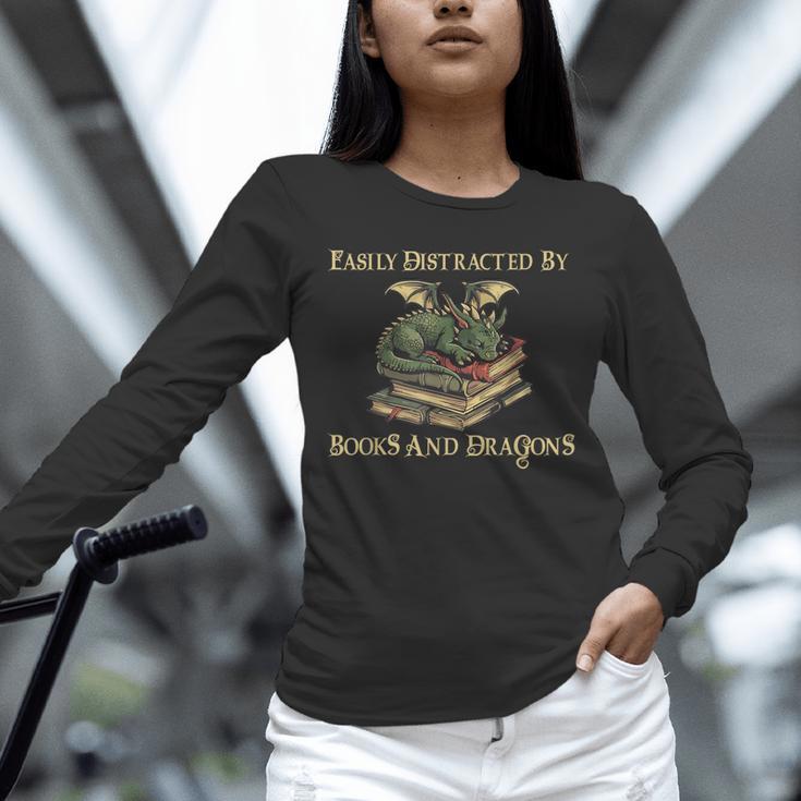 Easily Distracted By Books And Dragons Graphic Unisex Long Sleeve T-Shirt