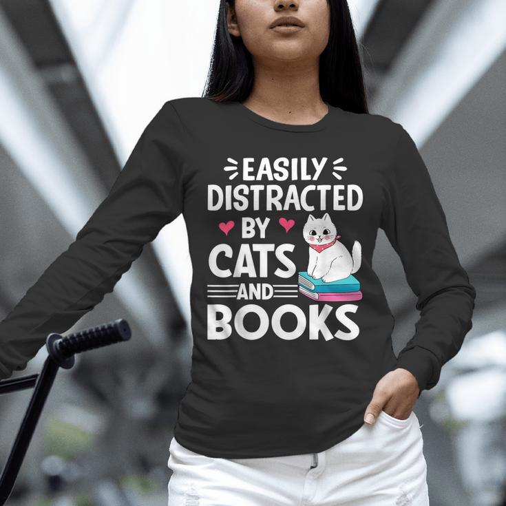 Easily Distracted By Cats And Books Cute Cat And Book Lovers Unisex Long Sleeve T-Shirt