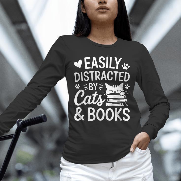 Easily Distracted By Cats And Books Reading Apparel Unisex Long Sleeve T-Shirt