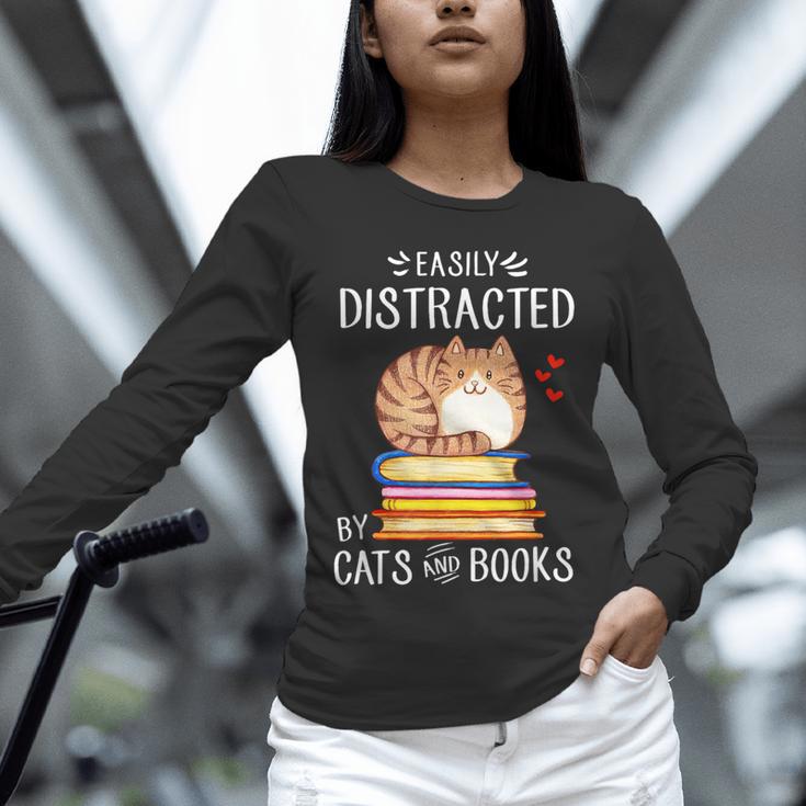 Easily Distracted By Cats And Books Reading Lover Bookish Unisex Long Sleeve T-Shirt