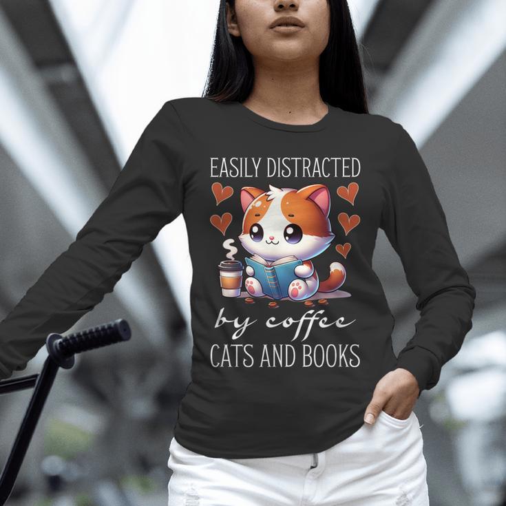 Easily Distracted By Coffee Cats And Books Unisex Long Sleeve T-Shirt