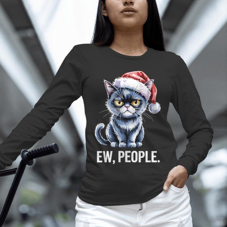 Ew People Christmas Cat Santa Hat Dad Introvert Unisex Long Sleeve T-Shirt