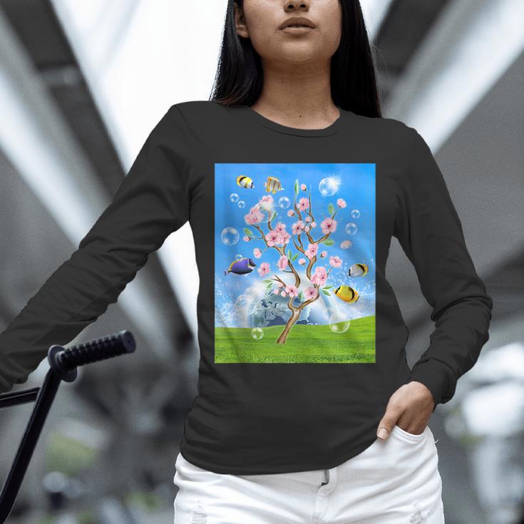 Frutiger Aero Aesthetic Tech Cherry Blossom Fishes Bubbles Unisex Long Sleeve T-Shirt Frutiger Aero Aesthetic Tech Cherry Blossom Fishes Bubbles Unisex Long Sleeve T-Shirt