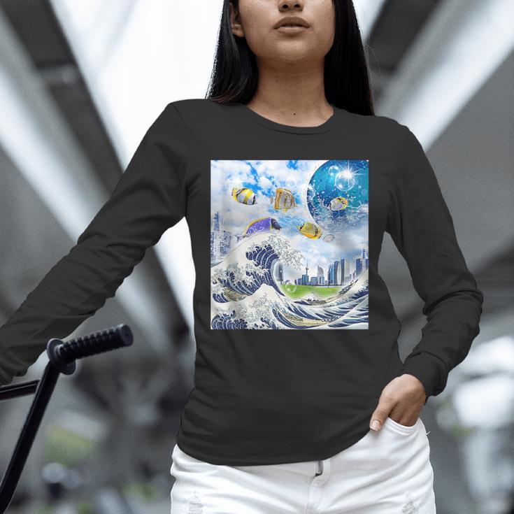 Frutiger Aero Aesthetic Tech Great Wave Of Kanagawa Fishes Unisex Long Sleeve T-Shirt