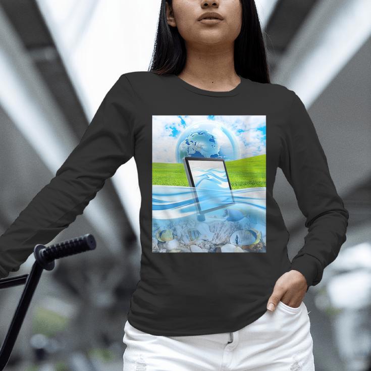 Frutiger Aero Aesthetic Tech Water Fishes Monitor Screen Unisex Long Sleeve T-Shirt Frutiger Aero Aesthetic Tech Water Fishes Monitor Screen Unisex Long Sleeve T-Shirt