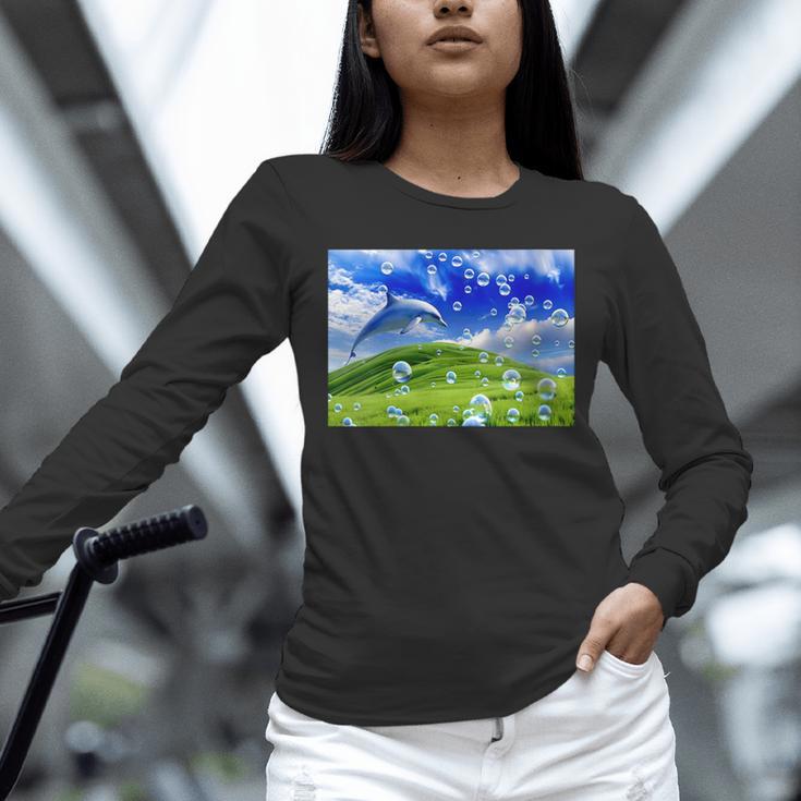 Frutiger Aero Dolphin Meadow Aesthetic Y2k 2000s Ironic Unisex Long Sleeve T-Shirt