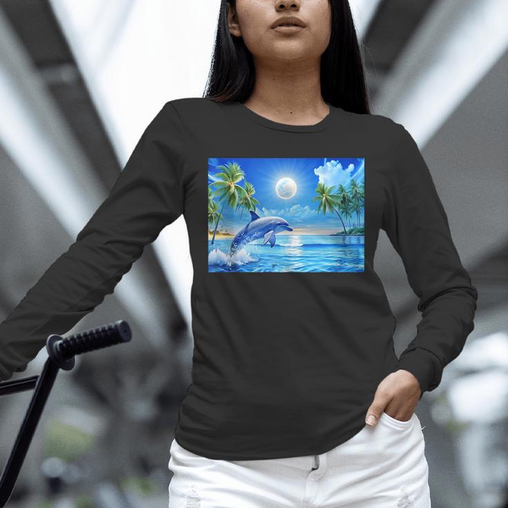 Frutiger Aero Dolphin Sunset Ocean With Palm Trees Y2k Unisex Long Sleeve T-Shirt Frutiger Aero Dolphin Sunset Ocean With Palm Trees Y2k Unisex Long Sleeve T-Shirt