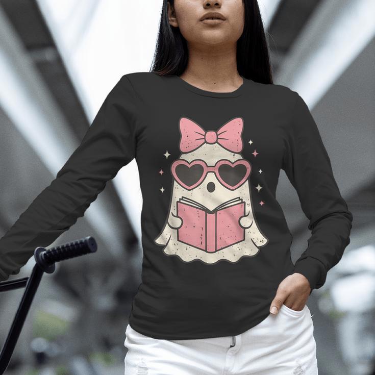 Ghost Reading Book Halloween Cat Lover Unisex Long Sleeve T-Shirt
