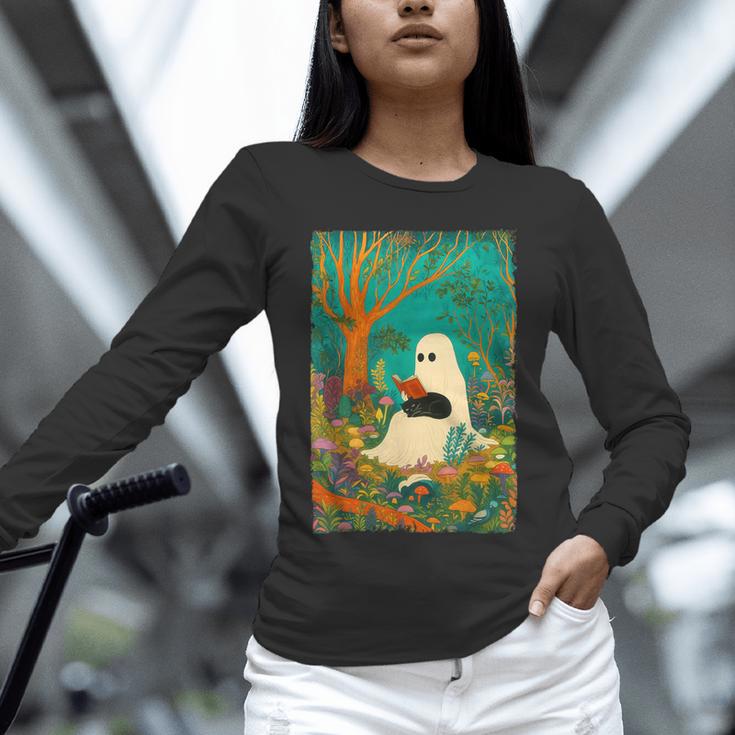 Groovy Ghost Reading Book Cat Halloween Ghost Teacher Unisex Long Sleeve T-Shirt