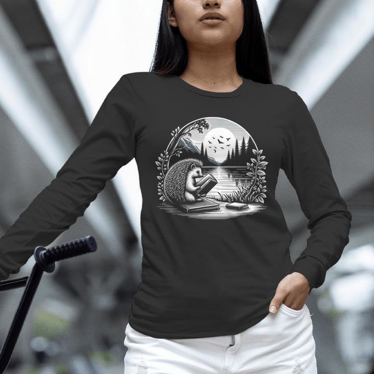 Hedgehog Reading Book Full Moon Lake Scenery Unisex Long Sleeve T-Shirt