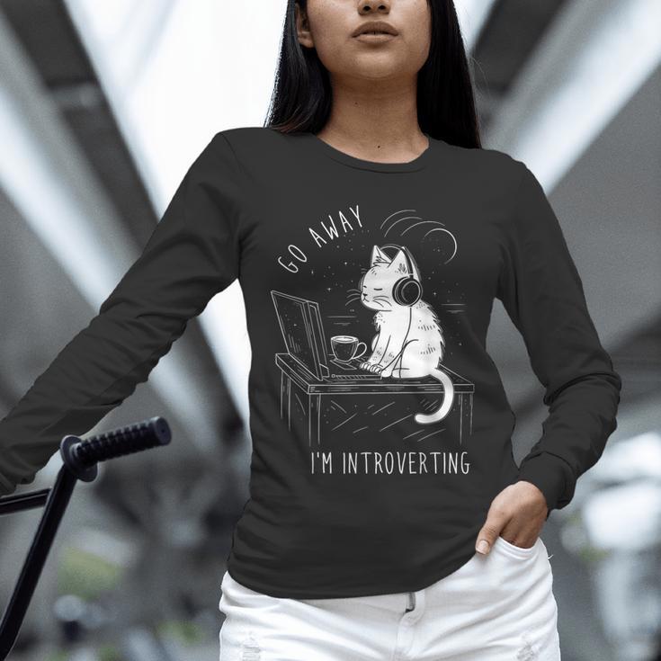 Introvert Cat With Coffee On Computer Antisocial Emo Goth Unisex Long Sleeve T-Shirt Introvert Cat With Coffee On Computer Antisocial Emo Goth Unisex Long Sleeve T-Shirt