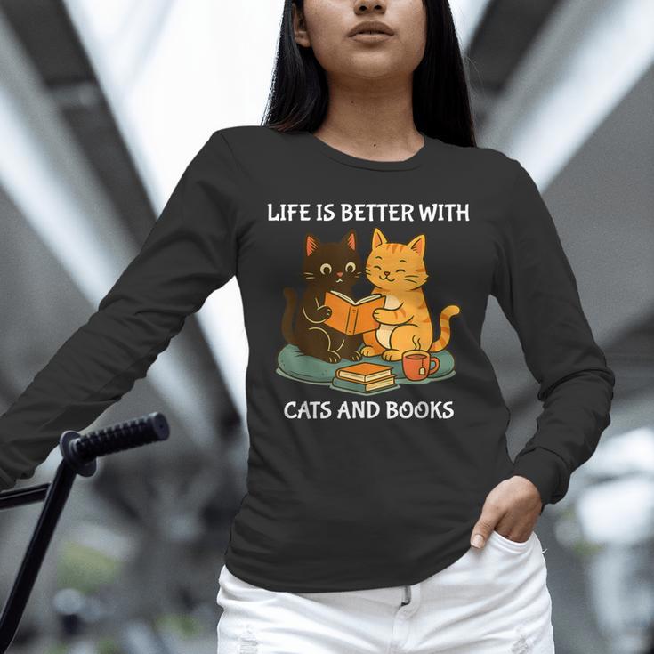 Life Is Better With Cats And Books Cute Cat Lover Unisex Long Sleeve T-Shirt