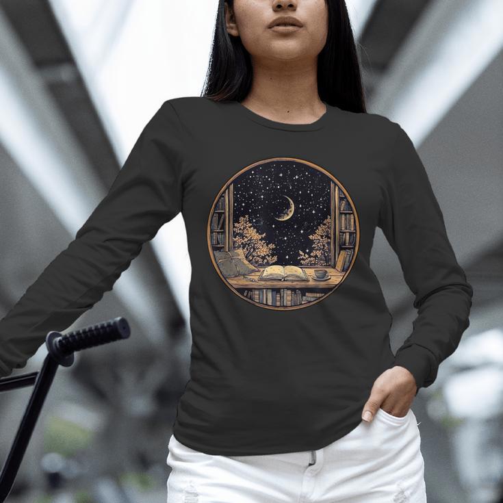 Moon Book Bookshelf Library Coffee Cup Star Stars Pattern Unisex Long Sleeve T-Shirt