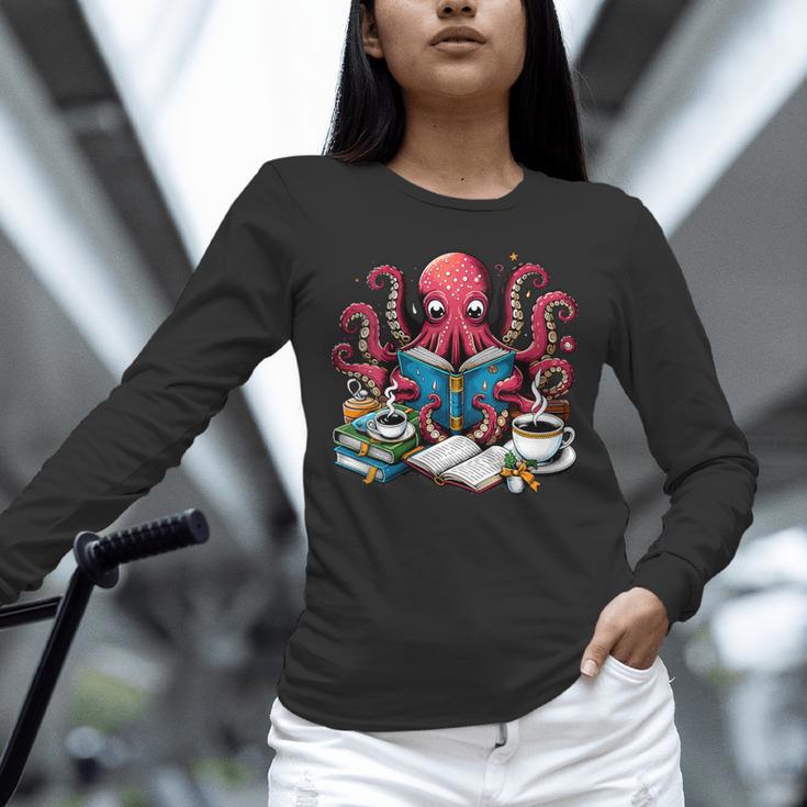 Octopus Reading Book Coffee Lover Bookaholic Bookworm Reader Unisex Long Sleeve T-Shirt