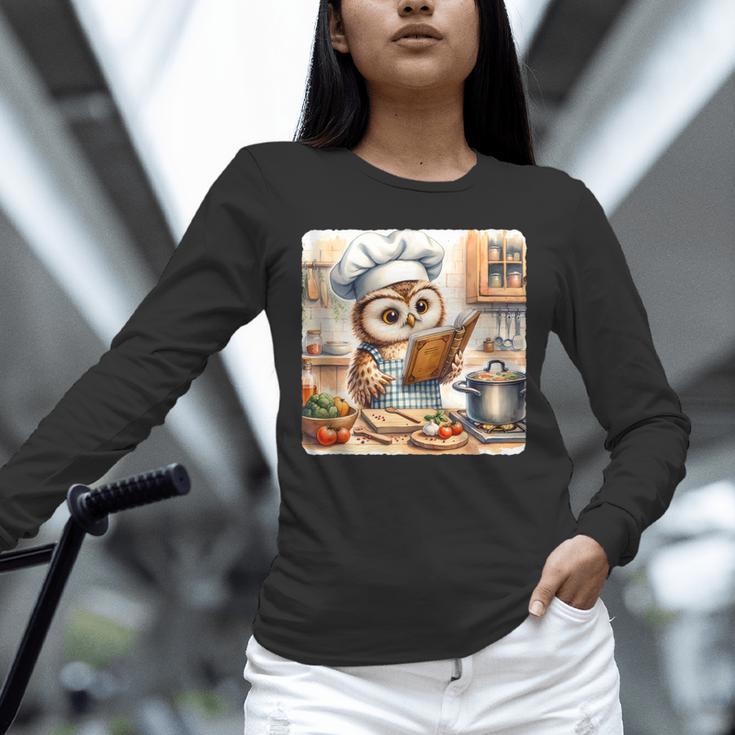 Owl Learning To Cook With Cookbook Chef Apron Stove Cooking Unisex Long Sleeve T-Shirt