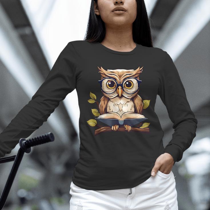 Owl Reading A Book Perched On A Branch Bookworm Unisex Long Sleeve T-Shirt
