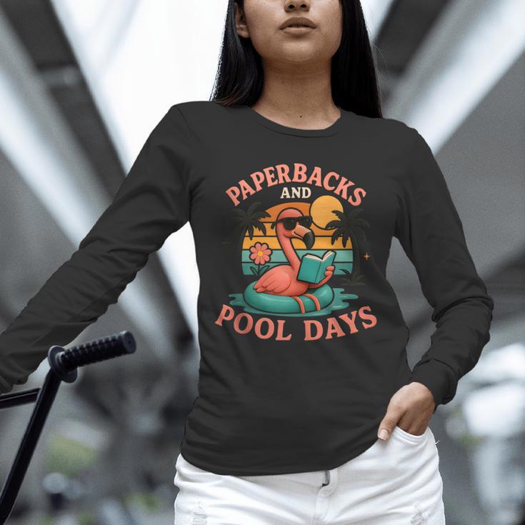 Paperbacks And Pool Days Flamingo Reading Summer Vibes Books Unisex Long Sleeve T-Shirt