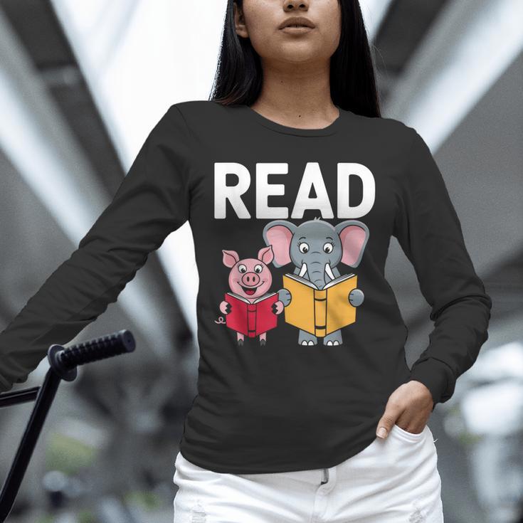 Pig Elephant Reading Cute Book Lover Bookworm Boys Girls Kid Unisex Long Sleeve T-Shirt