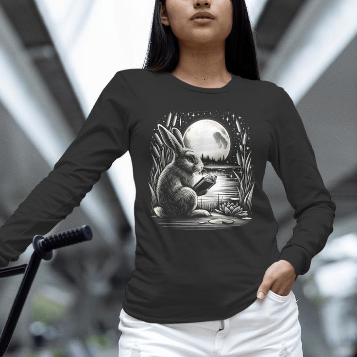 Rabbit Reading Book Full Moon Lake Scenery Unisex Long Sleeve T-Shirt