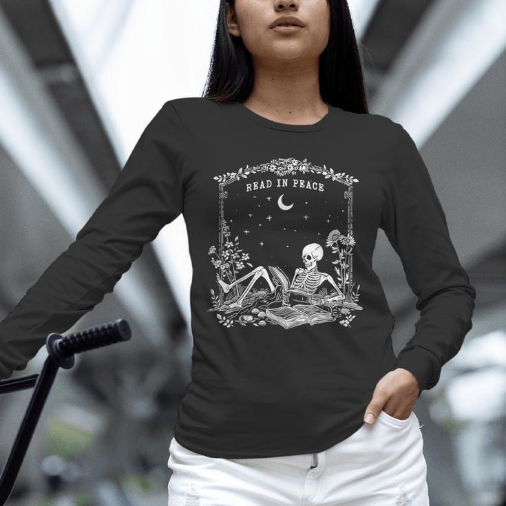 Read In Peace Skeleton Reading Book Halloween Bookish Unisex Long Sleeve T-Shirt